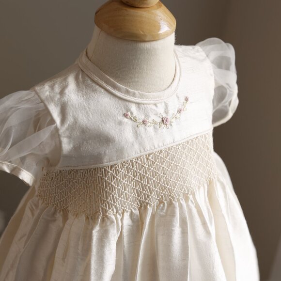 Ivory Dupioni Silk Smocked Dress Flower Girl Special Occasion Hand Embroidery - Picture 4 of 7